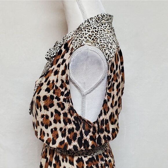 LEOPARD Cheetah Print Tie-Neck Smocked Waist Sleeveless A-line Mini Dress Large - Picture 10 of 15